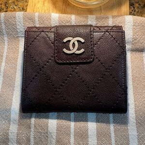 Authentic vintage CHANEL Dark Brown Quilted Wallet with Silver Logo